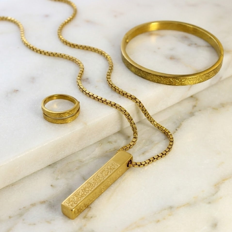 Ayatul Kursi Necklace & Cuff & Ring Set - 18K Gold Plated - Islamic Ramadan Gift