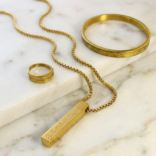 Ayatul Kursi Necklace, Cuff & Ring Set – 18K Gold Plated Islamic Gift